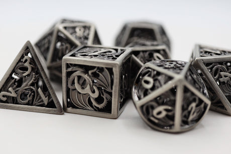 Dragon Essence: Silver - Hollow Metal RPG Dice Set Metal Dice Foam Brain Games