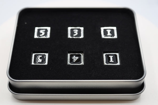 6 piece Metal D6s - Black and Silver Metal Dice Foam Brain Games