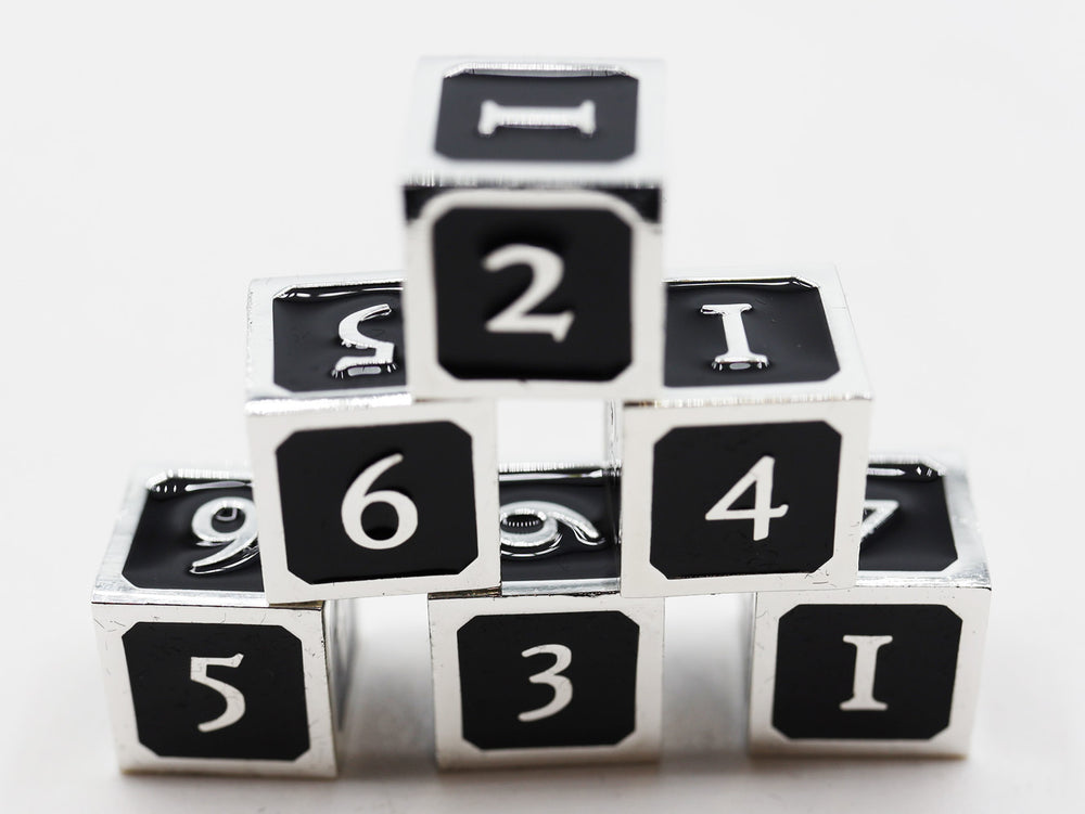 6 piece Metal D6s - Black and Silver Metal Dice Foam Brain Games
