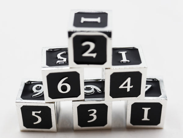 6 piece Metal D6s - Black and Silver Metal Dice Foam Brain Games