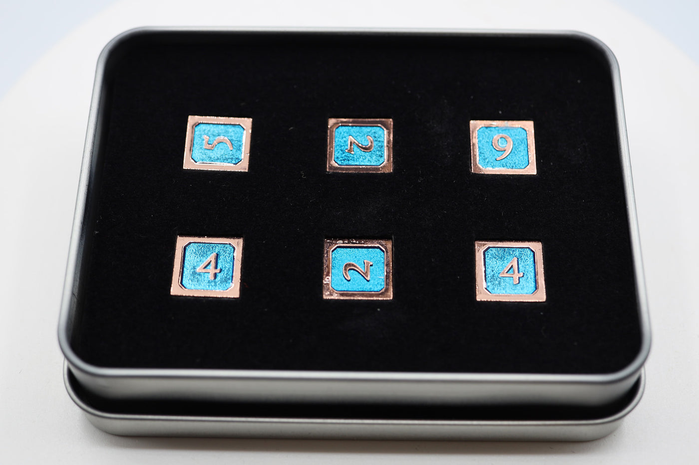 6 piece Metal D6's - Blue and Copper Metal Dice Foam Brain Games