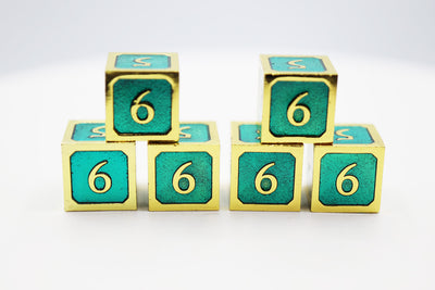 6 piece Metal D6's - Teal and Gold Metal Dice Foam Brain Games