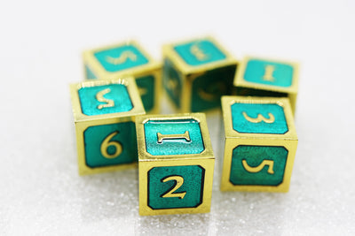 6 piece Metal D6's - Teal and Gold Metal Dice Foam Brain Games