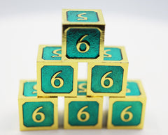 6 piece Metal D6s - Teal and Gold Metal Dice Foam Brain Games