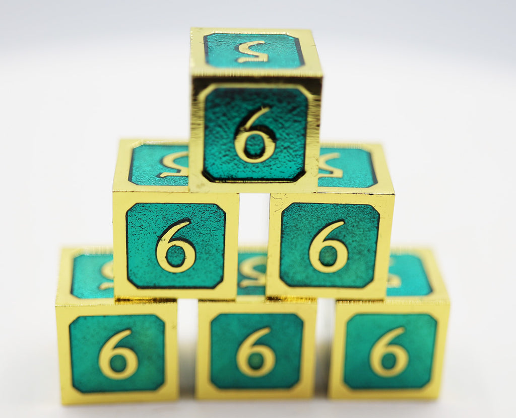 6 piece Metal D6's - Teal and Gold Metal Dice Foam Brain Games