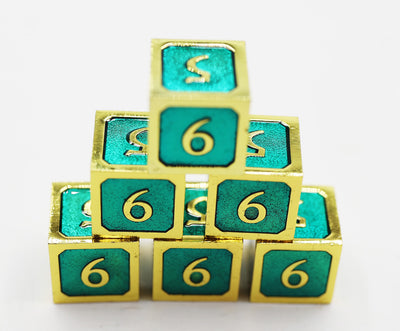 6 piece Metal D6's - Teal and Gold Metal Dice Foam Brain Games