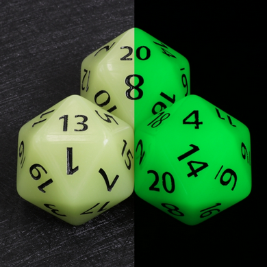 55mm Titan D20 - Glow in the Dark White Plastic Dice Foam Brain Games