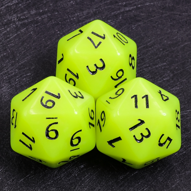 55mm Titan D20 - Glow in the Dark Yellow Plastic Dice Foam Brain Games