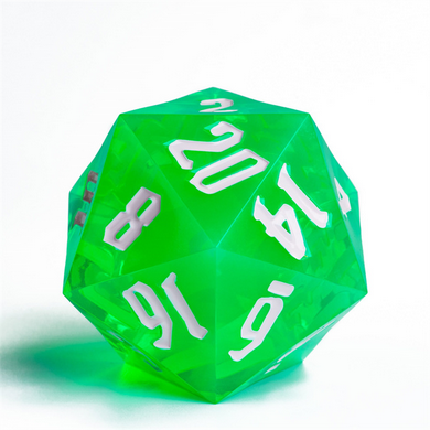 55mm Titan D20 - Sharp Edge Transparent Green Plastic Dice Foam Brain Games