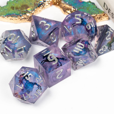 Sharp Edge Resin RPG Dice Set - Unicorn and Glitter Plastic Dice Foam Brain Games