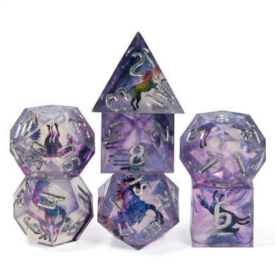 Sharp Edge Resin RPG Dice Set - Unicorn and Glitter Plastic Dice Foam Brain Games