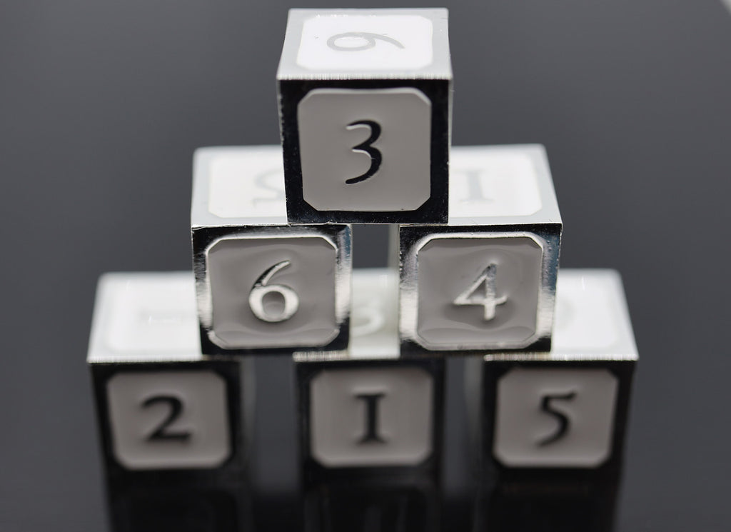 6 piece Metal D6's - White and Silver Metal Dice Foam Brain Games