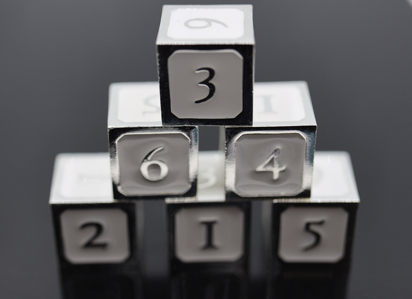 6 piece Metal D6's - White and Silver Metal Dice Foam Brain Games