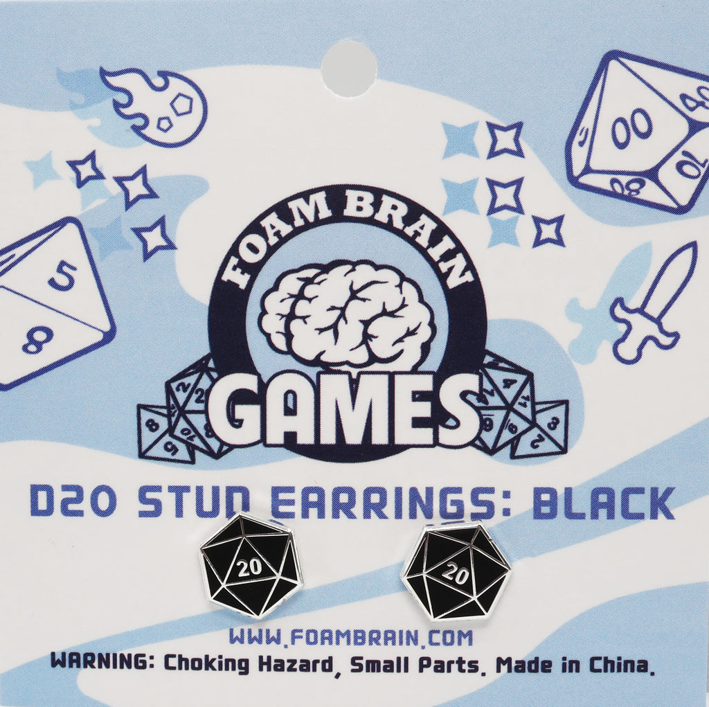 D20 Stud Earrings: Black Jewelry Foam Brain Games