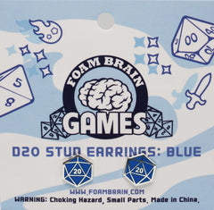 D20 Stud Earrings: Blue Jewelry Foam Brain Games