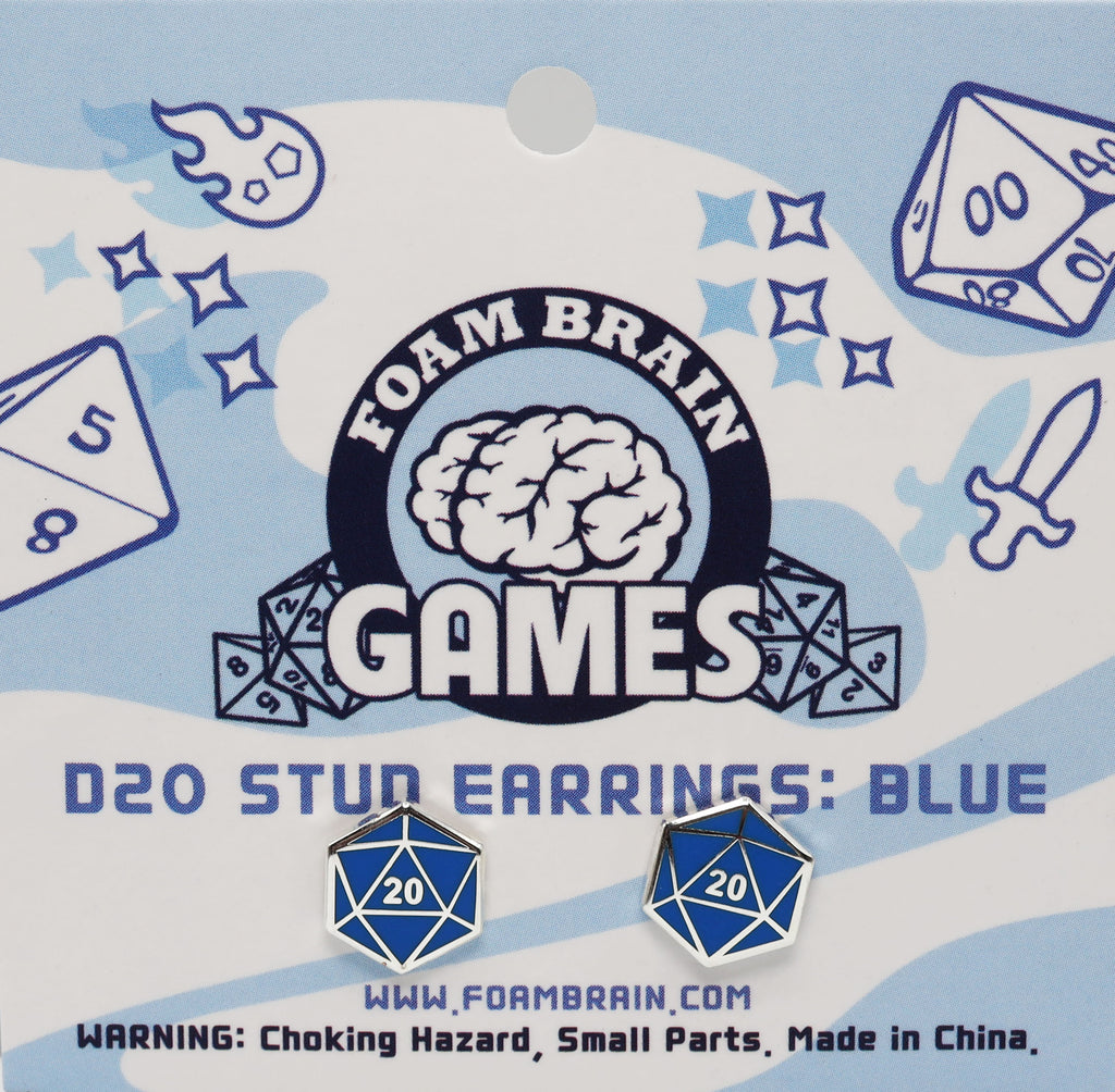 D20 Stud Earrings: Blue Jewelry Foam Brain Games