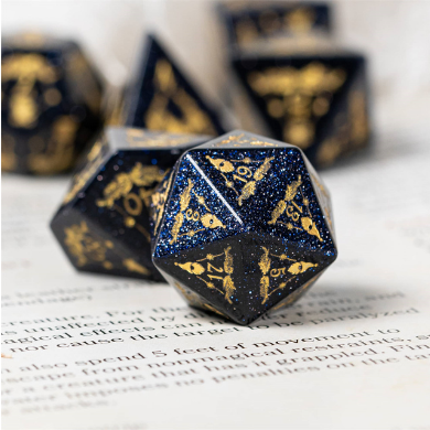 Embellished Blue Sandstone - Gemstone Engraved with Gold Stone Dice Foam Brain Games