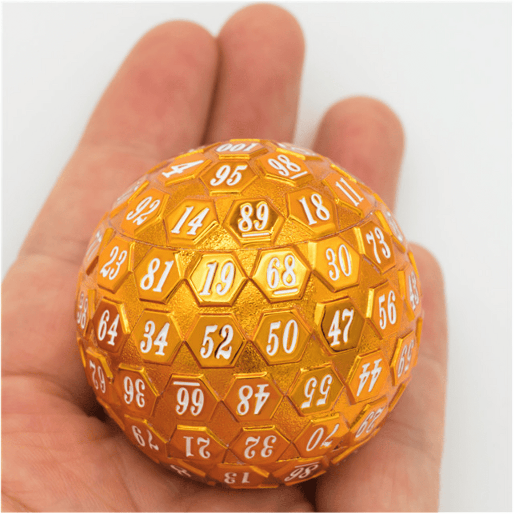 45mm Metal D100 - Orange with White Font Metal Dice Foam Brain Games