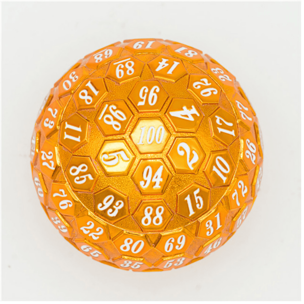 45mm Metal D100 - Orange with White Font Metal Dice Foam Brain Games