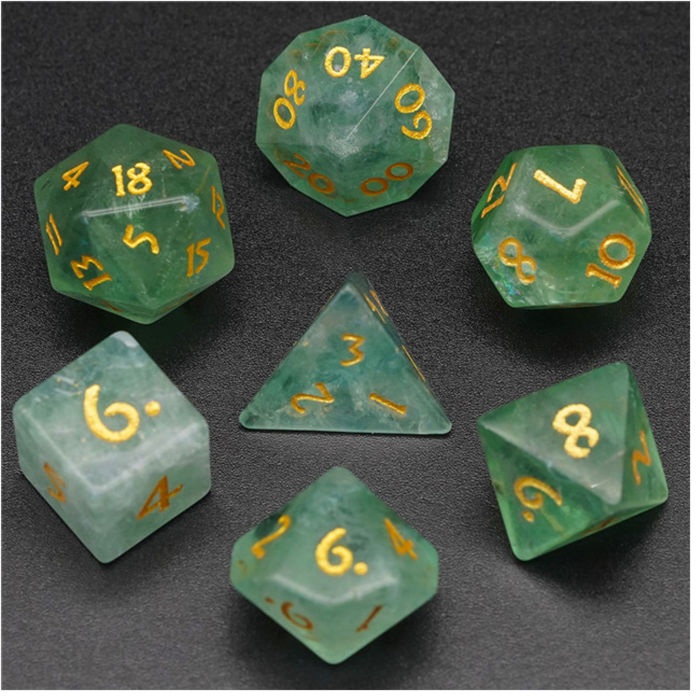 Green Fluorite - Gemstone Engraved with Gold Stone Dice Foam Brain Games