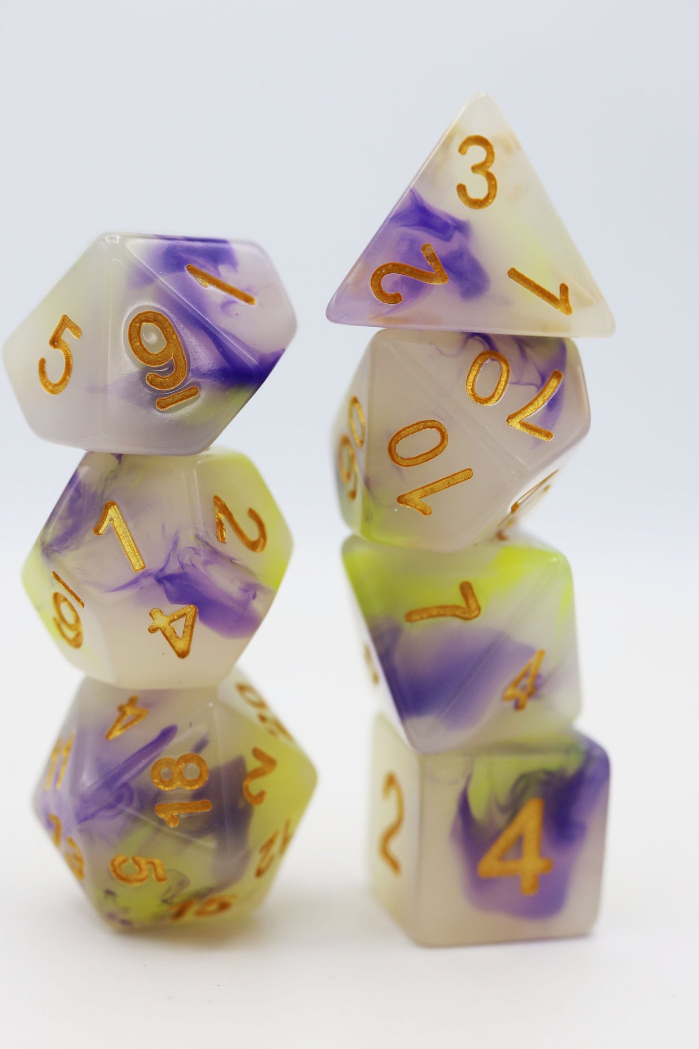 Yellow & Purple Jade RPG Dice Set Plastic Dice Foam Brain Games
