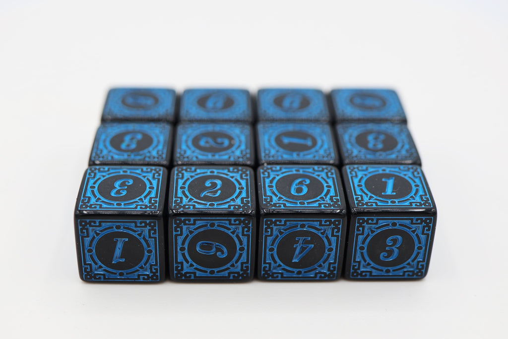 12 piece D6's - Magic Burst Blue Plastic Dice Foam Brain Games