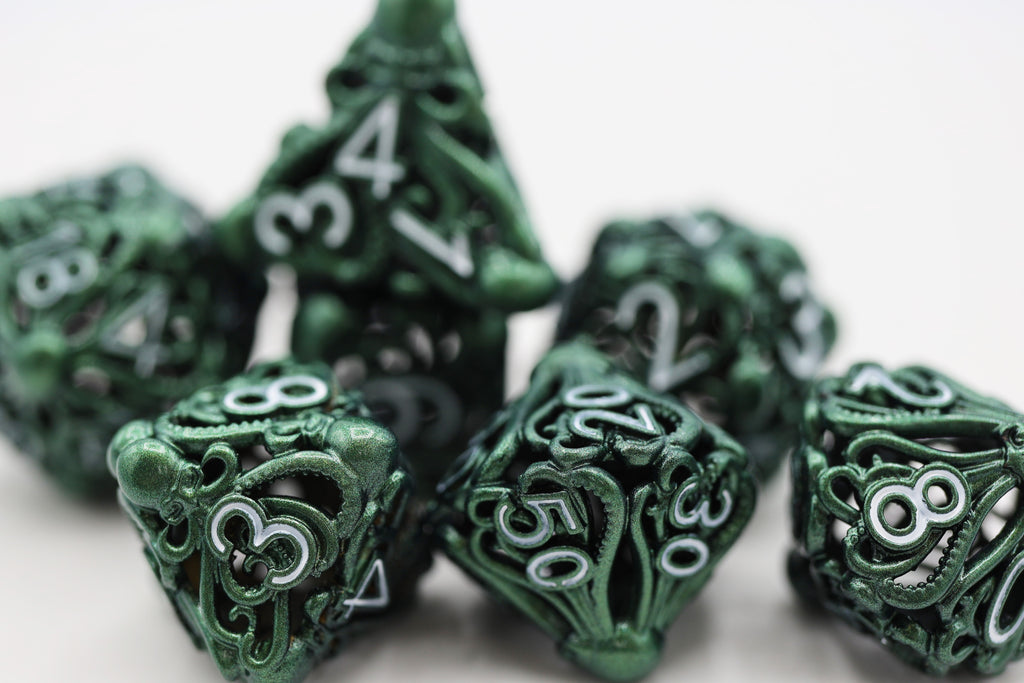 Mind Eater: Green - Hollow Metal RPG Dice Set Metal Dice Foam Brain Games