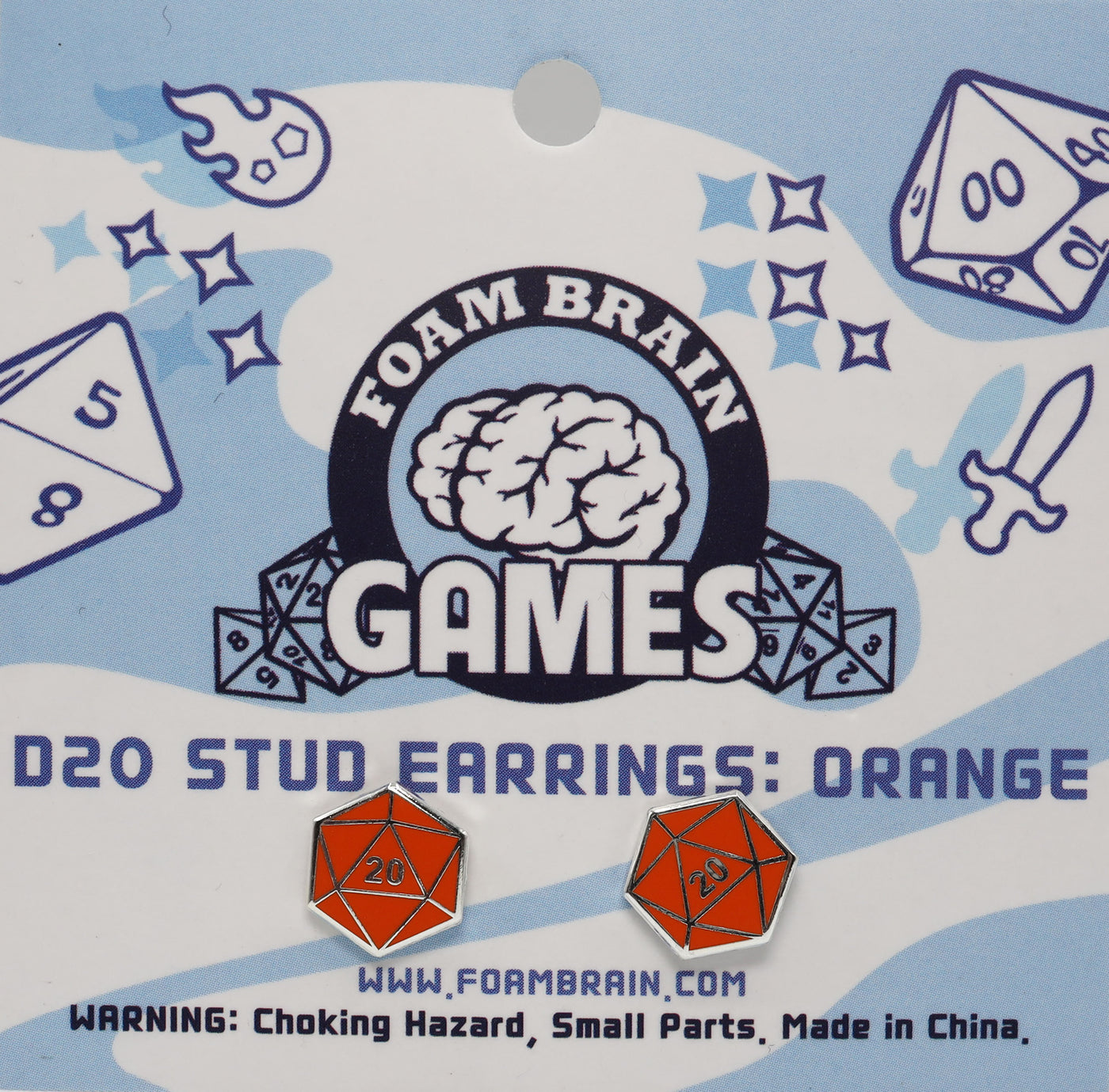 D20 Stud Earrings: Orange Jewelry Foam Brain Games