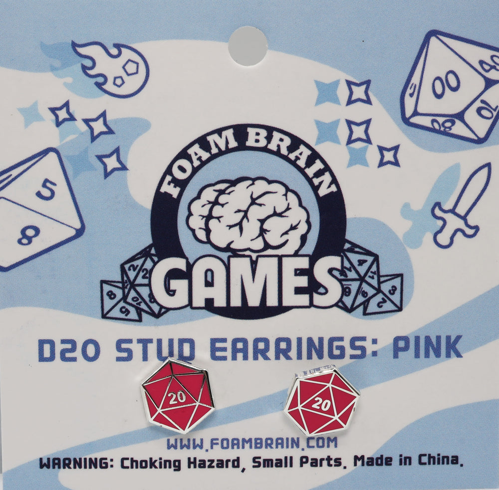D20 Stud Earrings: Pink Jewelry Foam Brain Games
