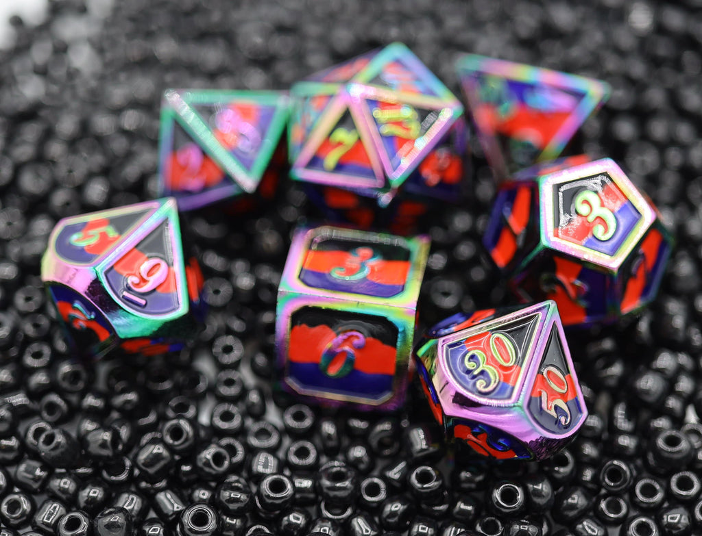 Polyamorous Pride Flag - Metal RPG Dice Set Metal Dice Foam Brain Games