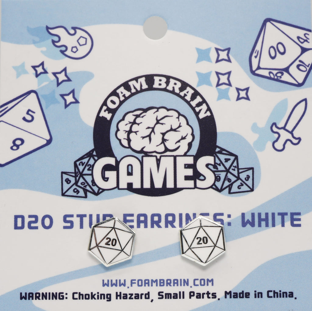 D20 Stud Earrings: White Jewelry Foam Brain Games